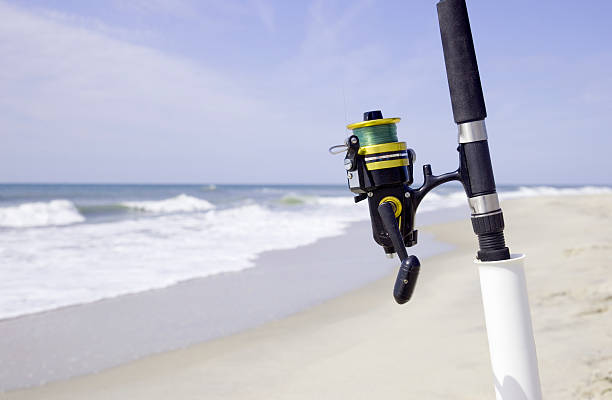 istock Fishing rod and reel on the beach 182772920