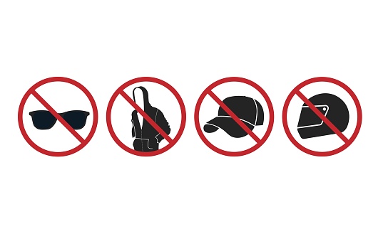 Bundle set of Isolated prohibition sign of do not wear hoodie, hoodies, helm and helmet, cap, heat and sunglasses wear prohibited for indoor security sign, ATM, Bank, Store