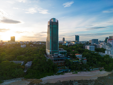 Aerial view sea beach in Pattaya city with residence building sightseeing travel in Thailand