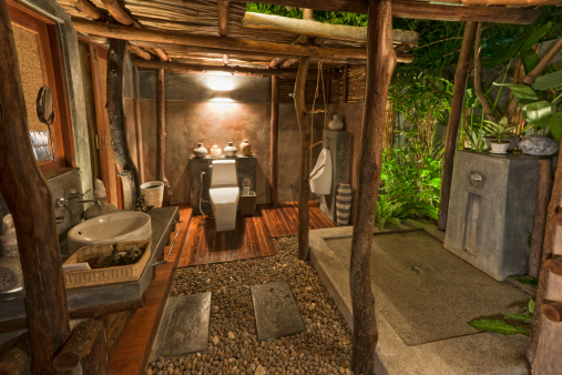 A unique tropical luxury bathroom integrated right in the deepest rainforest. Longtime Exposure to bring out the atmosphere. HDR (XXXL)