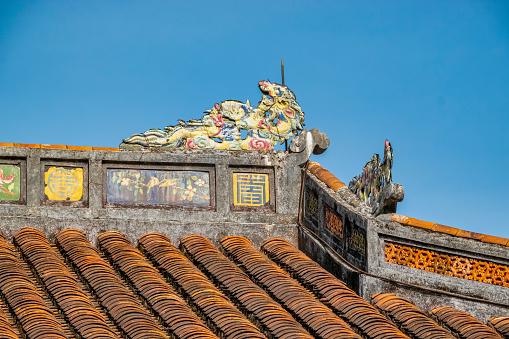 Minh Mang tomb near the Imperial City with the Purple Forbidden City within the Citadel in Hue, Vietnam. Imperial Royal Palace of Nguyen dynasty in Hue.