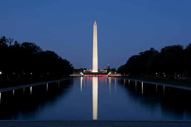 Washington Monument and Reflecting Pool Spectacular nighttime shot of Washington Monument with reflection in pool. washington monument washington dc stock pictures, royalty-free photos & images