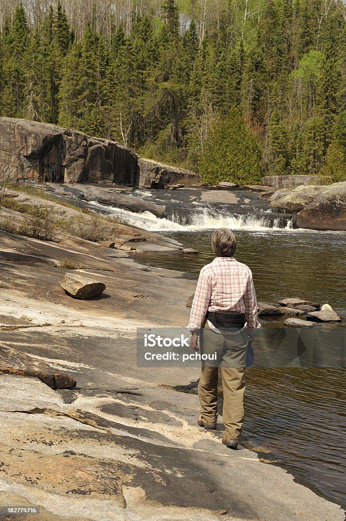 Donna escursionismo vicino al fiume, bellissimo paesaggio, riserva naturale - Foto stock royalty-free di Camminare