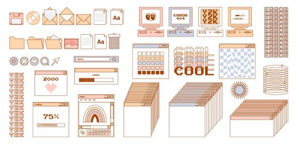 illustrazioni stock, clip art, cartoni animati e icone di tendenza di interfaccia utente adesivi y2k. browser di icone retrò, pulsanti, schermo del computer, cartella, file, miniature di documenti, barra di avanzamento del caricamento, notifiche e altro ancora. delicata illustrazione vettoriale dei pastelli. - thumbnails