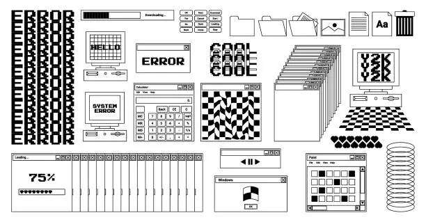 Vector illustration of User Interface y2k stickers. Retro icon browser, buttons, screen computer, folder, file, document thumbnails, loading progress bar, notifications and more. Black, white colors. Vector illustration.