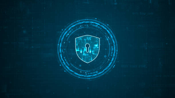 istock Blue digital security shield logo and circle futuristic HUD elements with flowing arrows with network firewall technology and data secure concepts on abstract background 1827751738