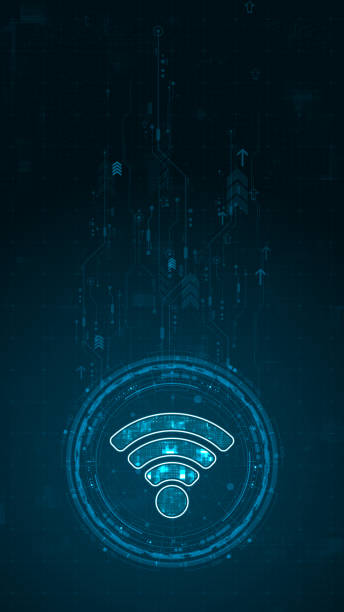 istock Blue digital WIFI logo and circle futuristic HUD elements with flowing arrows with data transfer and Wireless Fidelity connection concepts on abstract background vertical 1827752256