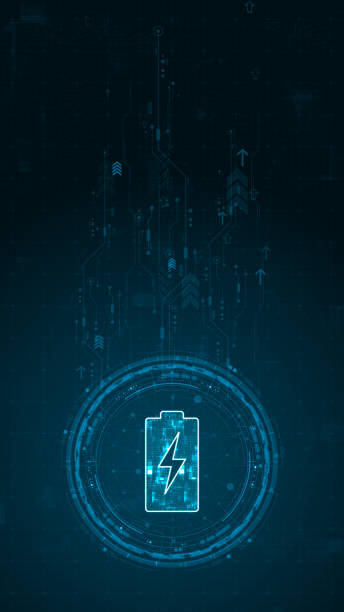 istock Blue digital battery logo and circle futuristic HUD elements with flowing arrows with power reserve concepts on abstract background vertical 1827752263