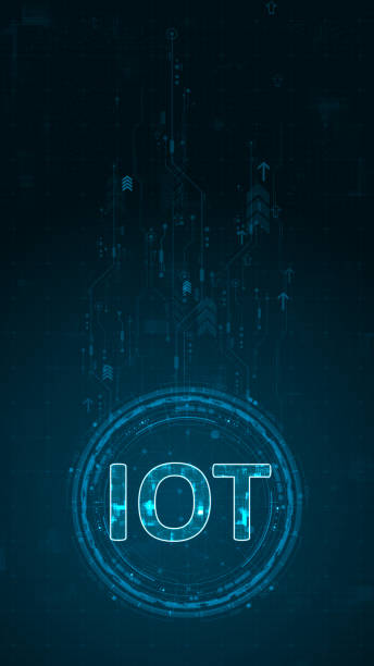 istock Blue digital IOT letter and circle futuristic HUD elements with flowing arrows with internet of things concepts on abstract background vertical 1827752564