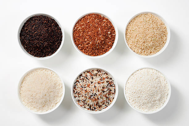 6 Shades Of Rice 6 Types of Rice: Black Wild Rice Red Wild Rice Brown Rice Mixed Wild Rice White (Jasmine) Rice Glutinous (Sticky) Rice jasmine rice stock pictures, royalty-free photos & images