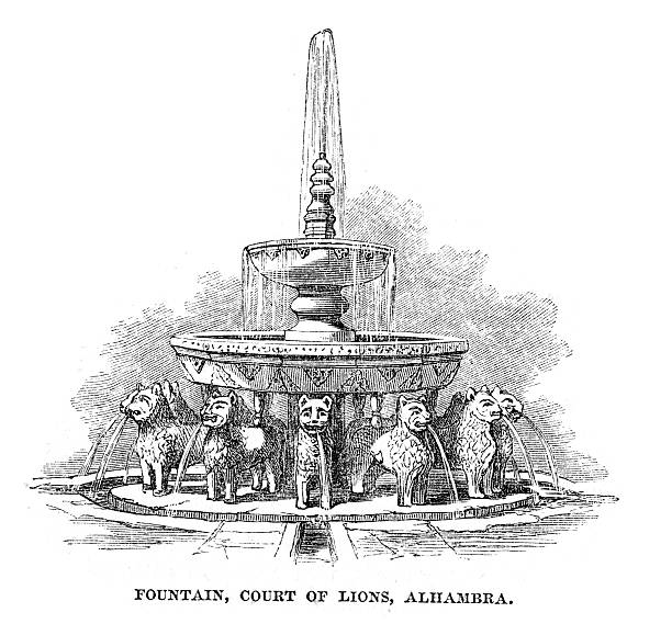 Fountain in the Alhambra "Vinage engraving of the fountain in the court of lions in the Alhambra, Spain." generalife gardens stock illustrations