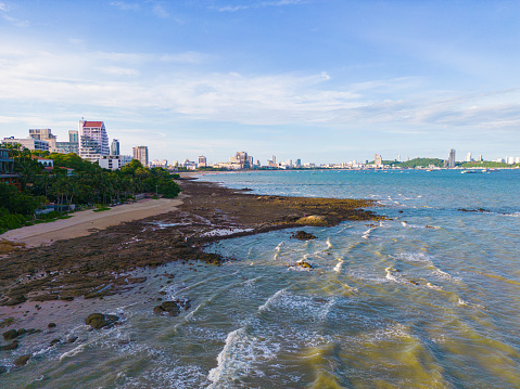 Aerial view sea beach in Pattaya city with residence building sightseeing travel in Thailand