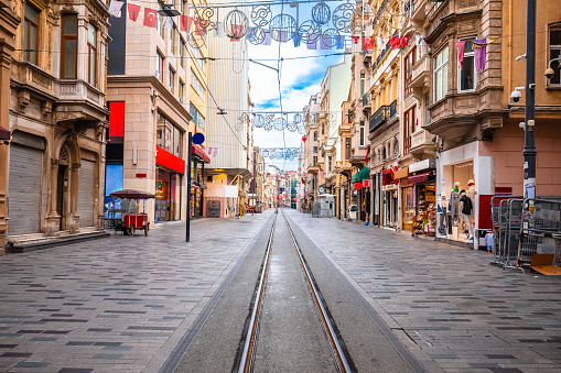 Istanbul. Istiklal Avenue, historically known as the Grand Avenue of Pera famous tourist street view. Turkey.
