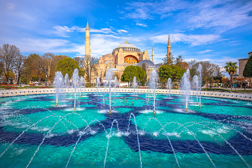The Hagia Sophia Grand Mosque and fountain in Istanbul view, landmarks of Turkey