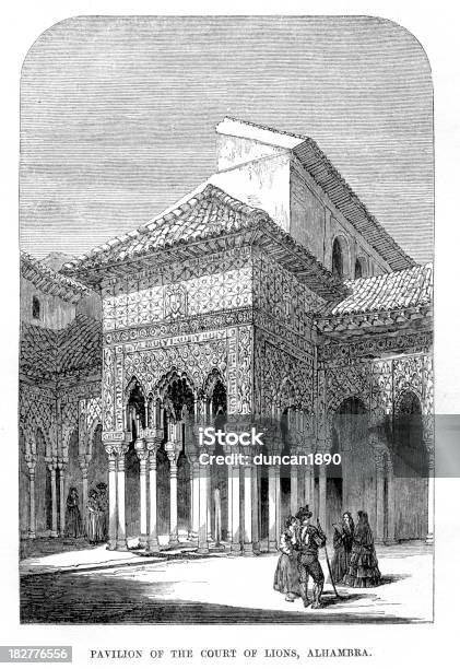 Суд Lions Alhambra — стоковая векторная графика и другие изображения на тему Альгамбра - Испания - Альгамбра - Испания, Гранада - Испания, Мавританский