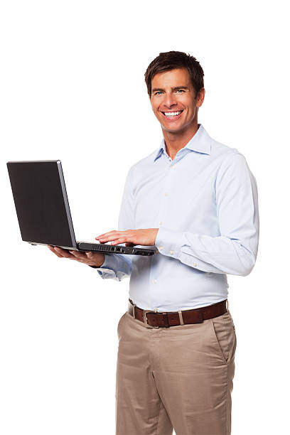 istock Handsome Businessman Holding a Laptop. Isolated 182777096