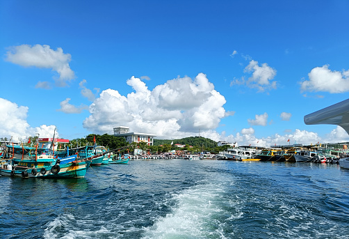 Vietnam, Phu Quoc island, sea, water, sky, boat, panorama