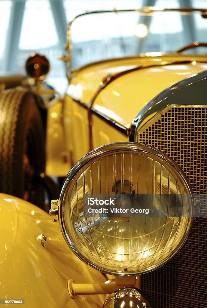 Classic car Mercedes Benz The front grill and hood of an antique car. Museum Stock Photo
