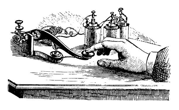Telegraph Operator | Antique Design Illustrations Antique 19th-century illustration of telegraph operator's hands at work (isolated on white). Illustation published by Conner&Son, New York, USA (1860) telegram machine photos stock illustrations