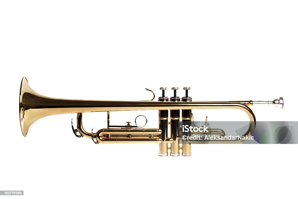 Golden trumpet na białym tle - Zbiór zdjęć royalty-free (Trąbka)
