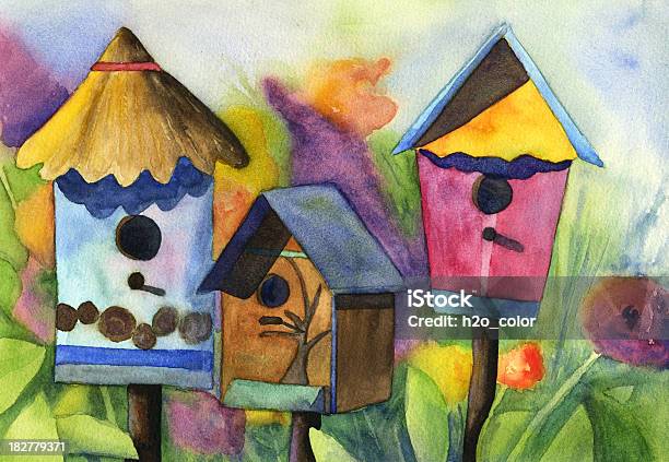 Aquarell Birdhouses In Flower Garden Stock Vektor Art und mehr Bilder von Aquarell - Aquarell, Vogelhäuschen, Blume