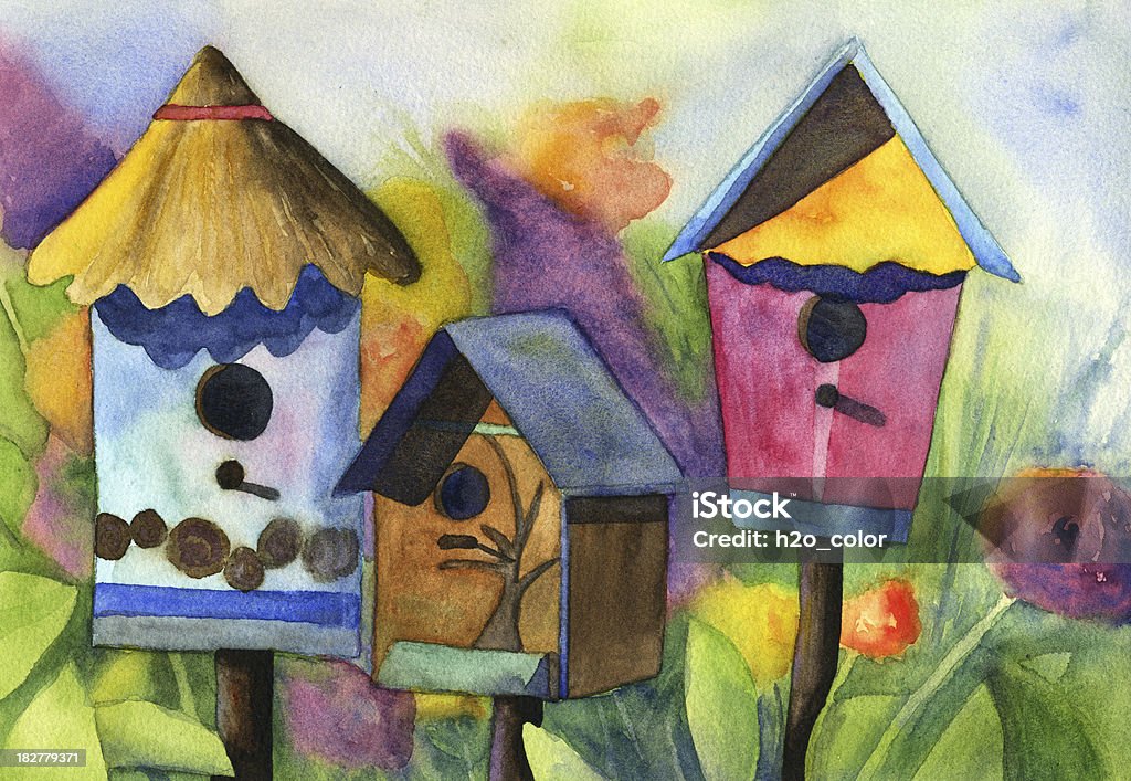 birdhouses dans le jardin fleuri aquarelle - Illustration de Aquarelle libre de droits