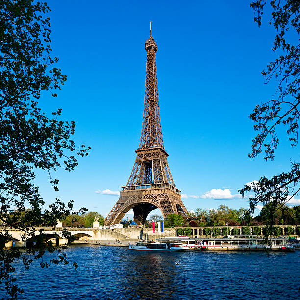 View of Tour Eiffel from From Seine riverbank in Paris, France.