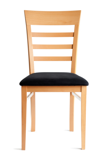 Subject: A contemporary beech side chair with a black cloth seat. Front view isolated on white background.