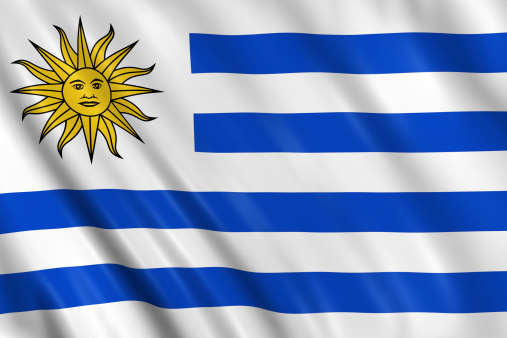 Flag of uruguay waving with highly detailed textile texture pattern