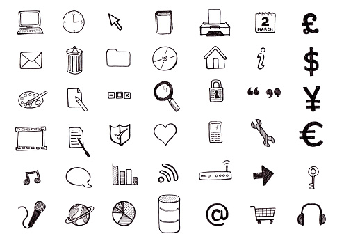 Lots of computer hand drawn icons from musical notes to printers to shopping baskets