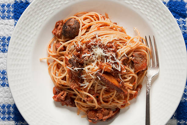 Pasta (spirals pasta)  Bolognese. Tagliatelle with meat and tomatoes