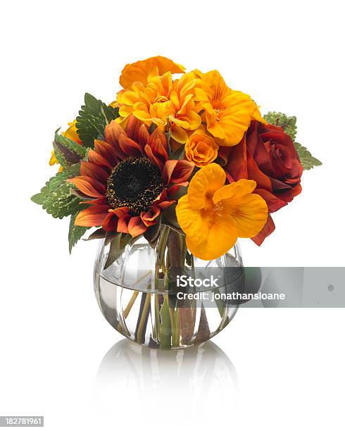 Rose And Sunflower Bouquet On White Background Stock Photo - Download Image Now - Bouquet, Vase, Sunflower