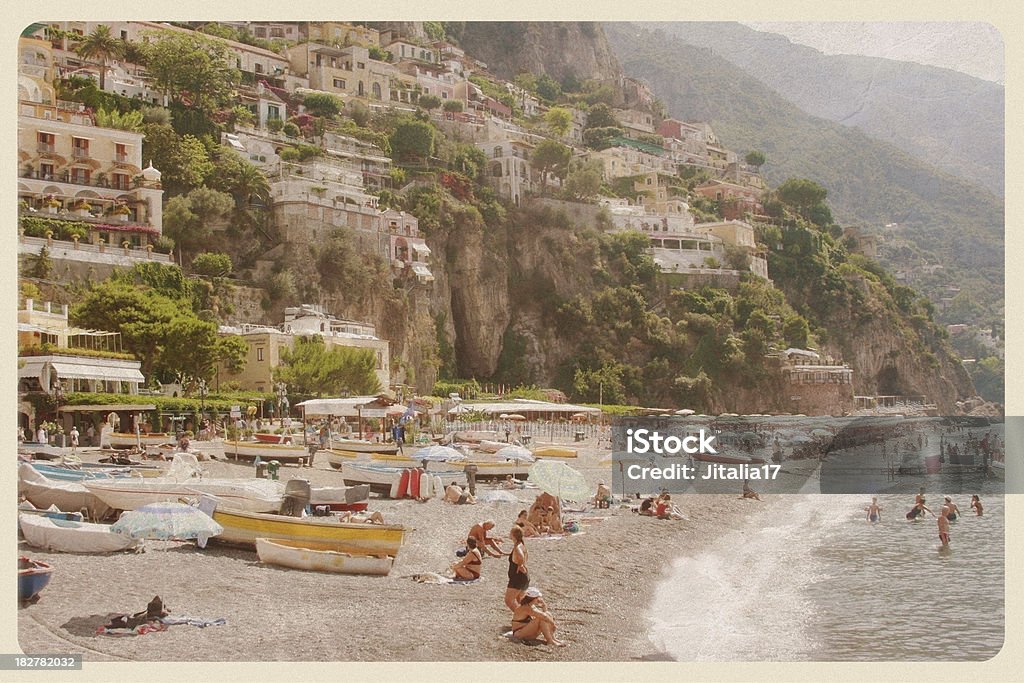 Positano Beach Day-Vintage-Postkarten - Lizenzfrei Postkarte Stock-Foto
