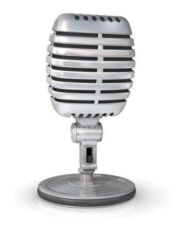 Vintage chrome microphone on mic stand in a white environment.Could be useful for a live event or musical composition.This is a detailed 3d rendering.