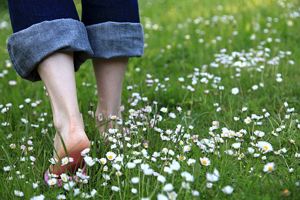 Walking through a daisy meadow A woman walking through a daisy meadow. Nice spring/summer background. Shallow depth of field. barefoot stock pictures, royalty-free photos & images