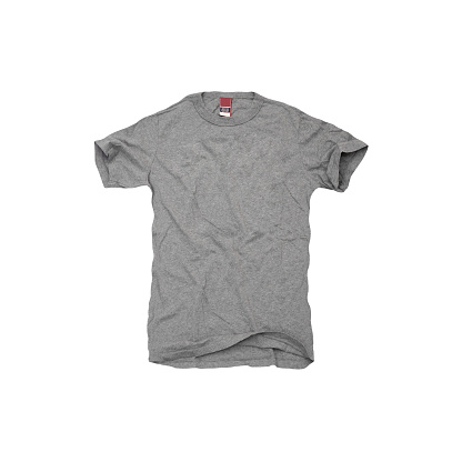 A blank grey tee shirt isolated on a white background.
