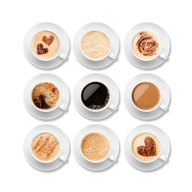 nueve diferentes de café en blanco con saucers recipientes - coffee cappuccino latté cup fotografías e im�ágenes de stock