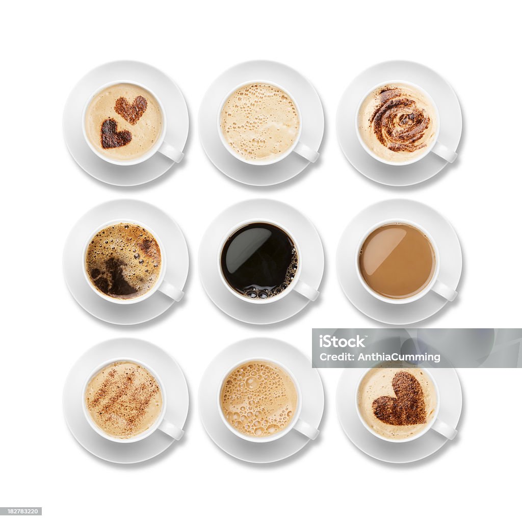 Nine different coffees in white cups with saucers Every type of coffee available on a white background Coffee - Drink Stock Photo