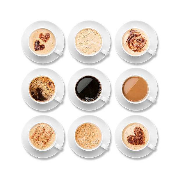 Nine different coffees in white cups with saucers Every type of coffee available on a white background saucer stock pictures, royalty-free photos & images