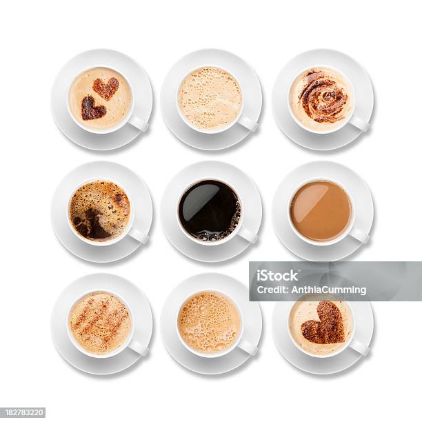 Nine Different Coffees In White Cups With Saucers Stock Photo - Download Image Now - Coffee - Drink, High Angle View, Coffee Cup