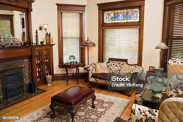 Victorian Style Living Room Oldfashioned Antique Domestic Residential Home Interior Stock Photo - Download Image Now
