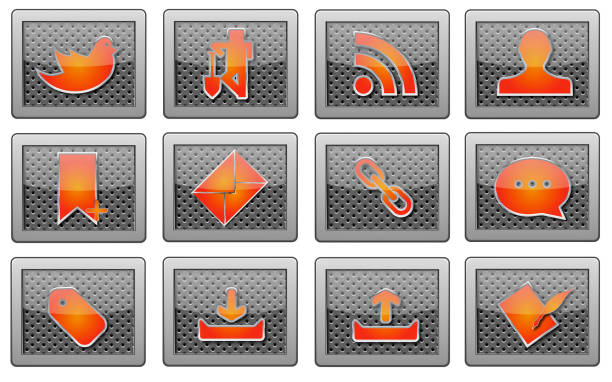 Glowing social media icon set inside a metallic frame for websites and blogs. All icons are drawn by the artist.  