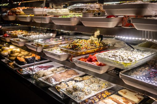 mediterranian appetizers are in showcase in restaurant horizontal travel still
