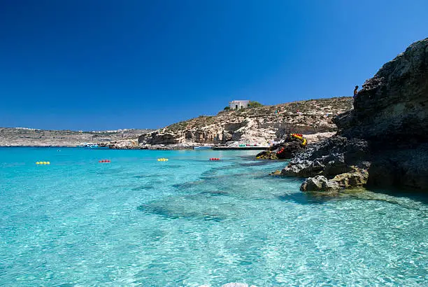 "Blue Lagoon Bay on the Comino island, an island between the islands of Gozo and Malta."