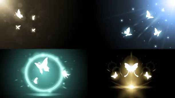 Vector illustration of Set Abstract Collection Dark Background With Butterflies Insects Glow Light Shine Flashes Vector Design Style