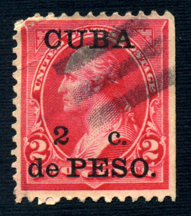 A two cent Cuban postage stamp issued in 1899. This overprint was issued by the United States following the Spanish-American War when Spain relinquished control of Cuba to the US. Use was discontinued in 1902 when Cuba assumed self-government.