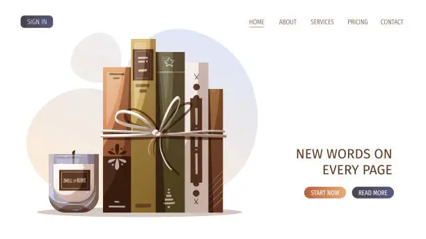 Vector illustration of Web page design with heap of books and candle.
