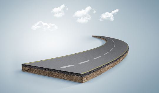 3d illustration of travel and vacation road advertisement, Bending road and highway isolated ads