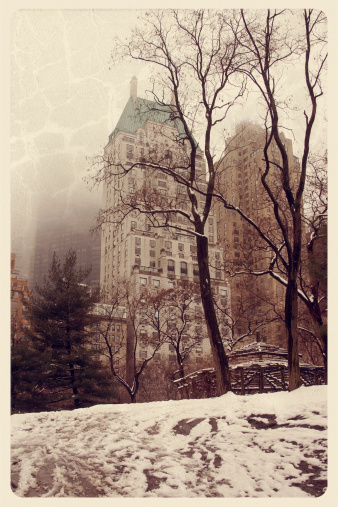 Retro-styled postcard of a winter day in Central Park.