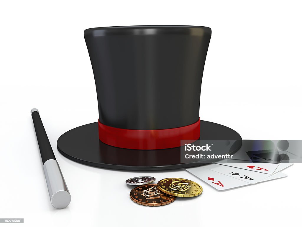 Magician's tools "A round black hat with magic staff, coins and playing cards. Basic tools for a magician. Clipping path included for the foreground objects." Magician Stock Photo